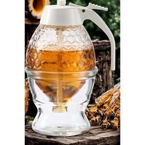Glass Honey Pot 8oz Bottom Dispense Push Lever No Drip w Stand